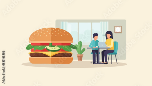 A large burger sits beside two people working on laptops at a table