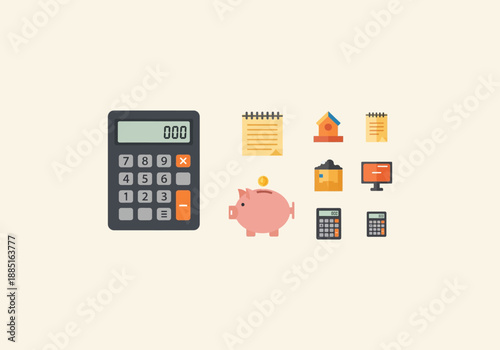 Vector set Concept Financial Planning and Budgeting with Calculator, Piggy Bank, and Notes.