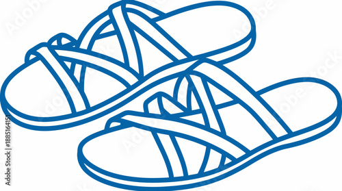 Blue strappy open-toe sandals illustration with crisscross straps, fashion footwear vector drawing