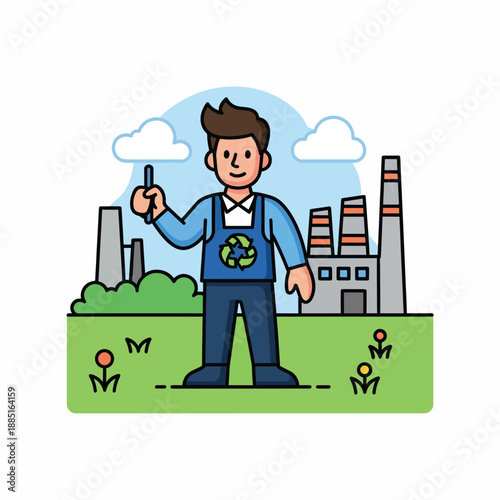 A cartoon man in blue overalls with recycling symbol