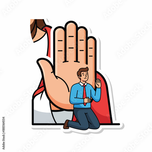 A cartoon man kneels before a giant hand