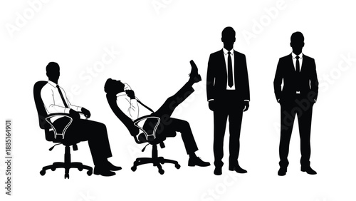 lack silhouettes of businessmen sitting in office chairs and standing in formal suits isolated on a white background for corporate leadership design