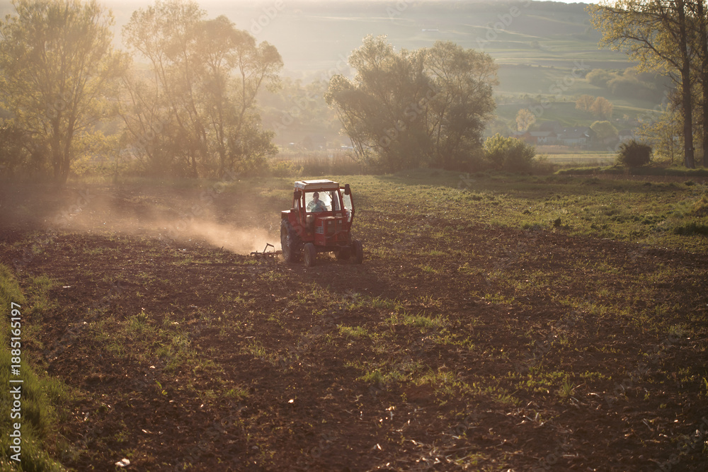 Fototapeta premium Tractor cultivating field at spring in sunset