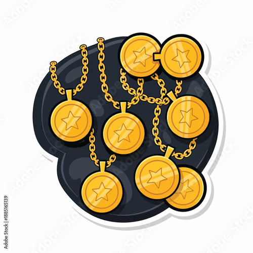 A cloud-shaped black object with gold medallion necklaces