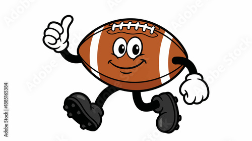 Cheerful anthropomorphic American football mascot with white gloves and black cleats giving a thumbs up, a friendly cartoon sports character for team spirit and game-day branding.