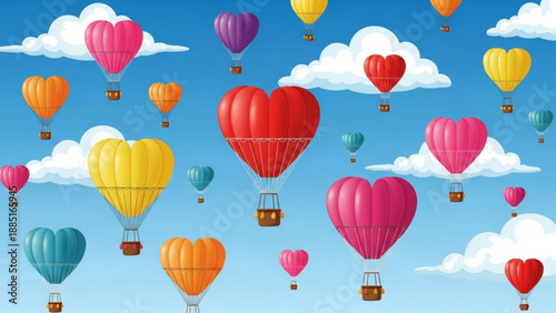 Colorful heart-shaped hot air balloons floating in a cloudy blue sky representing love and travel perfect for romantic themes and celebrations