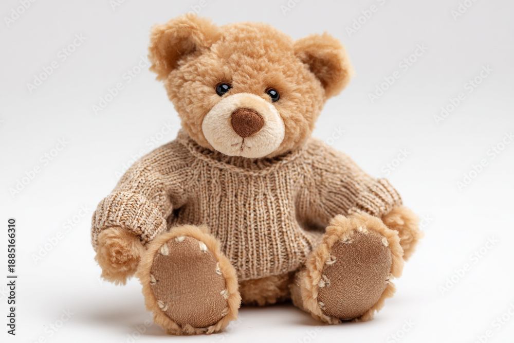 Obraz premium Adorable teddy bear wearing a cozy sweater, perfect for children's products, childhood memories, and heartwarming designs, bringing joy.