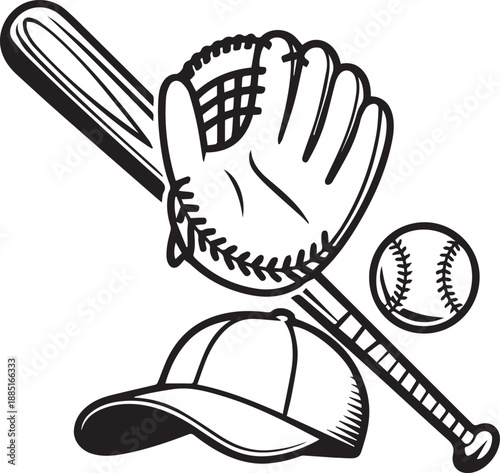 Baseball equipment set including bat glove ball and cap silhouette for sports vector
