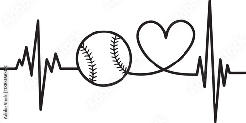 Baseball heartbeat line with ball and heart shape for sports fans passion and love for the game in medical pulse wave style icon