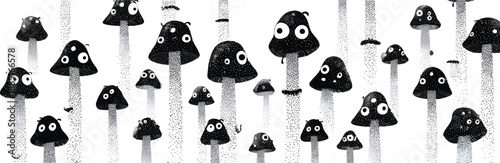 A seamless pattern of black and white cartoon mushrooms on a transparent background