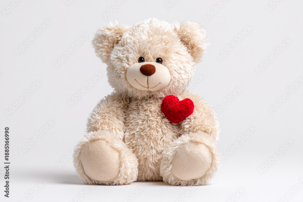 Obraz premium Adorable teddy bear with a red heart, perfect for expressing love, friendship, and heartfelt Valentine's Day greetings with a touch of warmth and comfort.