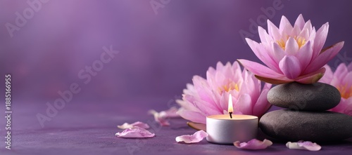 A pair of smooth stones and a lit candle on the right side, with pink lotus flowers placed between them against a purple background.