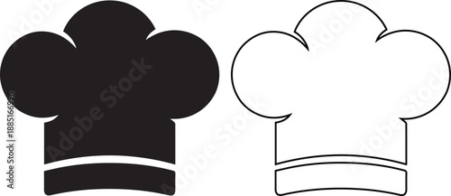 Vector icon set featuring a traditional chef hat or toque in solid black silhouette and linear outline styles representing restaurant cooking, culinary arts, and bakery professionals.