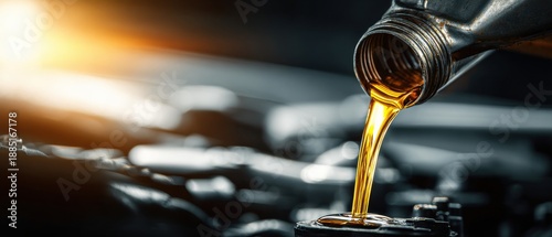 oil being poured from an oil can into the engine bay, with a blurred background of car parts.
