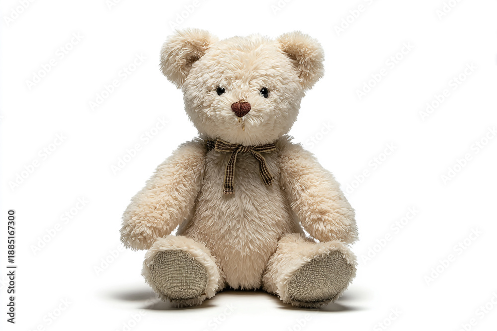 Obraz premium Adorable plush teddy bear with soft fur and cute bow tie, perfect for children's books, baby products, and heartwarming designs