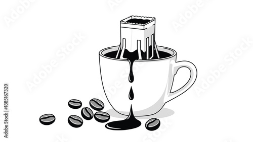 A monochrome, black and white illustration of a drip coffee bag brewing in a white mug, with coffee beans scattered nearby.