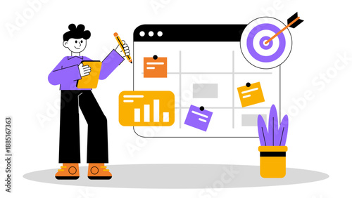 A man taking notes and organizing tasks on a project management dashboard with a target goal