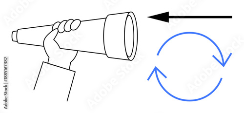 Vision concept. Vision illustrated with a hand holding a telescope, an arrow pointing direction, and circular arrows indicating progress. Vision guiding innovation and goals. For leadership