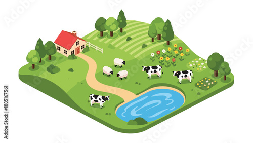 A charming isometric illustration of a peaceful farm landscape with a farmhouse, pond, grazing sheep, cows, and a flower garden.