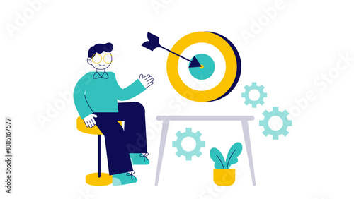 Man sitting near a target board with an arrow and gear icons