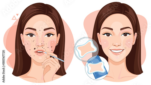 A before-and-after illustration showing a woman's face with acne and blackheads being cleared for smooth, healthy, beautiful skin.