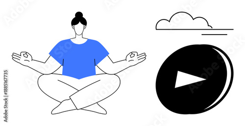 Mindfulness, relaxation, meditation apps, online content, self-care, digital wellness. Woman in seated yoga pose near cloud and play button icon. Mindfulness and relaxation
