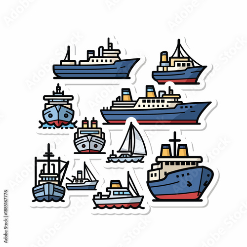 A collection of cartoon ships and boats on water