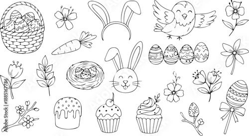 Set of spring line art drawings. sketch vector illustration with spring holiday symbols isolated on transparent background