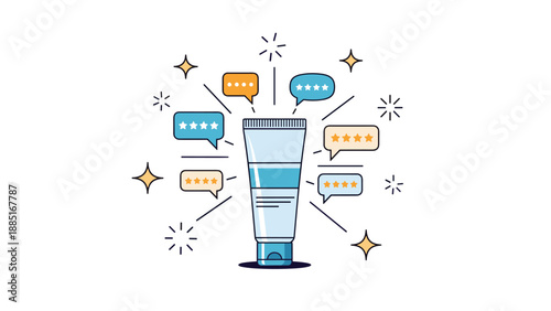A concept illustration of a cosmetic product tube surrounded by positive customer reviews and five-star rating speech bubbles.