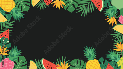 A vibrant summer-themed border or frame made of tropical fruits and leaves like pineapple, watermelon, and monstera on a black background.