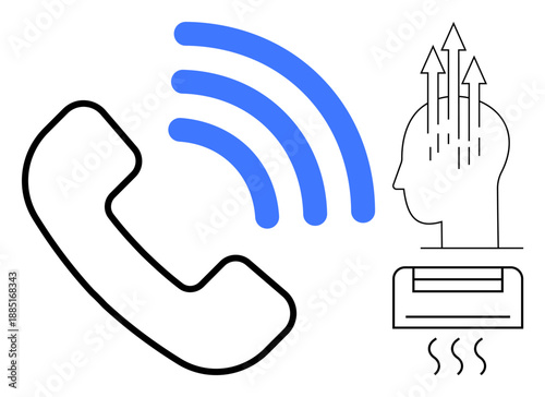 Communication concept. Communication ed by phone, wireless signals, and human thinking. Communication indicating information exchange, wireless networks, and environmental systems. For telecom