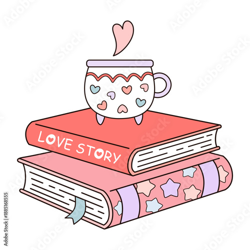Valentine books with coffee cup vector illustration. Romance bookish clipart, Valentines day design, Romantic aesthetic.