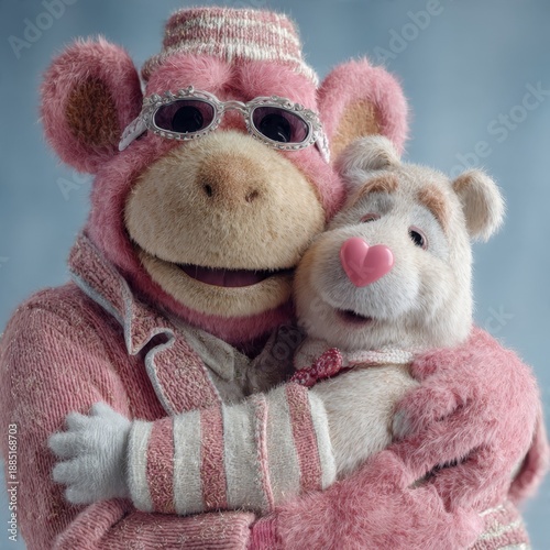 Adorable plush monkey hugs teddy bear wearing stylish sunglasses and pink striped outfit against soft blue background