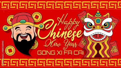 2026 Lunar New Year celebration banner featuring smiling Caishen God of Fortune, Traditional red lion dance mascot, and golden prosperity coins. Happy Chinese New Year. Fu character : fortune.