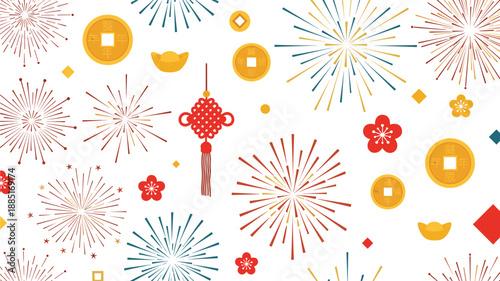 A festive and seamless pattern for Chinese New Year, featuring fireworks, lucky coins, gold ingots, knots, and plum blossoms.