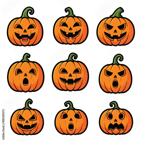 A collection of nine cartoon jack-o-lanterns with various expressions