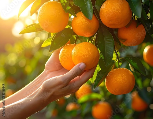 Harvesting ripe oranges from a sun-drenched tree with hands reaching out, showcasing abundance and natural goodness