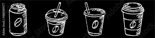 Set of coffee cup chalk drawing menu vector for blackboards. Ideal for cafe wall art, rustic drink lists, barista signs, and restaurant beverage illustrations.