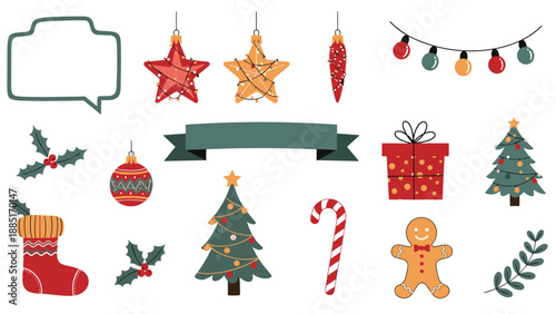 A charming collection of hand-drawn Christmas and holiday-themed clip art elements, including trees, ornaments, gifts, and a gingerbread man.