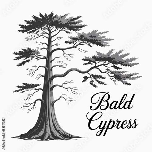 Bald cypress tree illustration in black.