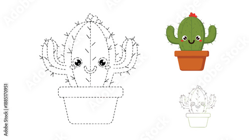 Fun connect the dots worksheet for kids featuring a cute kawaii cactus in a pot, with a colored version for guidance.