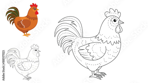 Farm animal themed connect the dots and coloring worksheet for children, showcasing a proud rooster with a colorful guide.