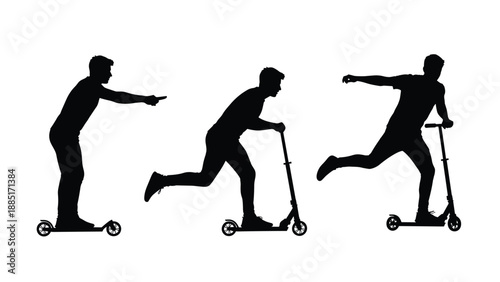 Black silhouettes of a young man riding kick scooter in different active motion poses isolated on white background vector.