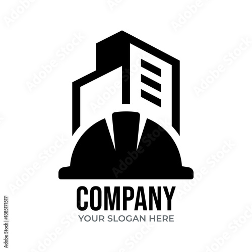 Construction company logo icon. Showing building structure, hard hat safety, and professional contractor services.