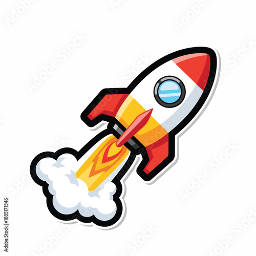 A cartoon rocket ship blasting off