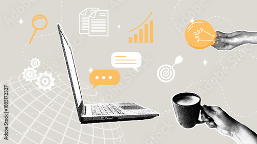 Remote work, business ideas, and increased productivity. A trendy halftone collage. Concepts for analysis, communication, and digital projects.