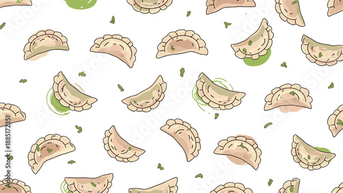 Seamless pattern of delicious hand-drawn dumplings or pierogi scattered on a white background with green herb accents.