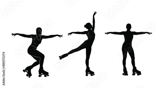 Black silhouettes of female artistic roller skaters performing elegant dance poses and graceful movements on quad skates isolated over white background