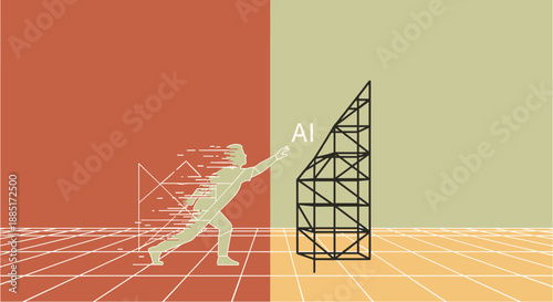 Dynamic illustration depicting a human figure interacting with an abstract AI structure, symbolizing the intersection of human effort and artificial intelligence in a digital landscape.