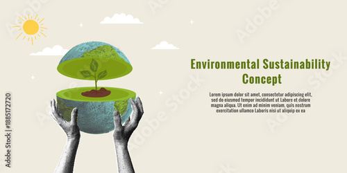 Concept of environmental sustainability. A trendy halftone collage. Concept of clean development, sustainability, and protection of natural resources.